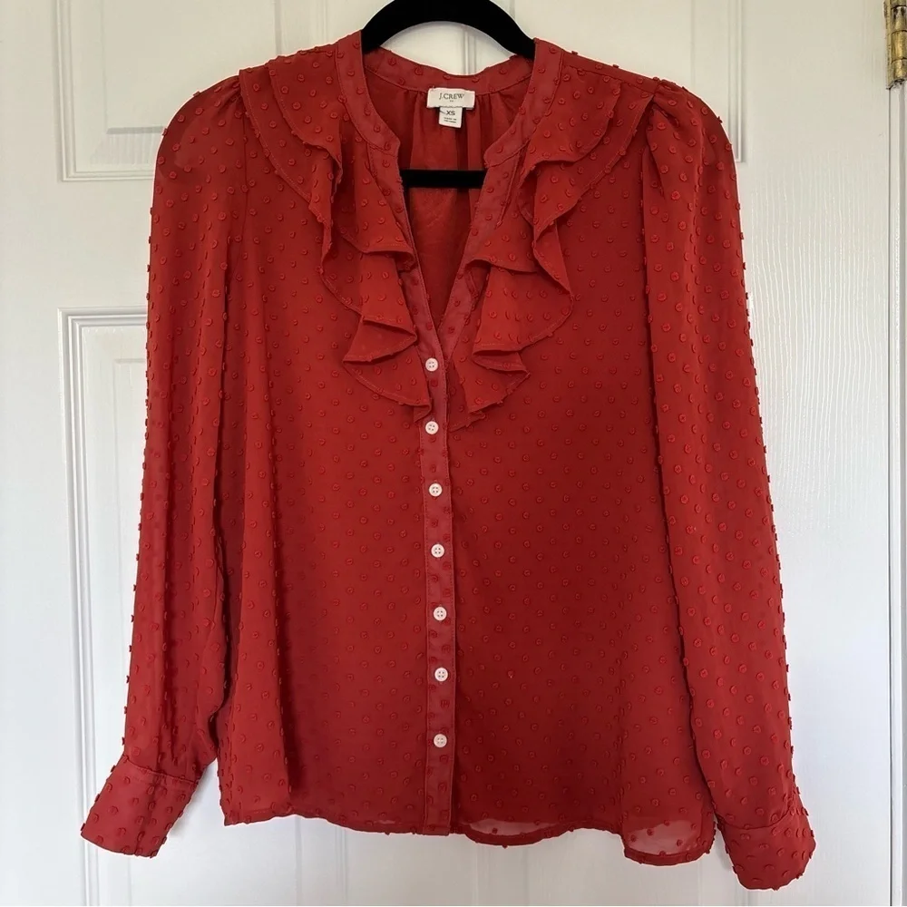 J. Crew Clip Dot Ruffle Button Up Blouse Size Extra Small Burnt Orange